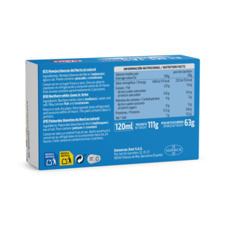 Vista trasera Almejas blancas del Norte al natural 111g